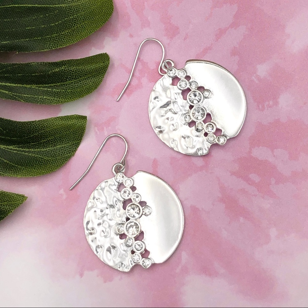🌼 Round Rhinestone Silver Disk Dangle Earrings